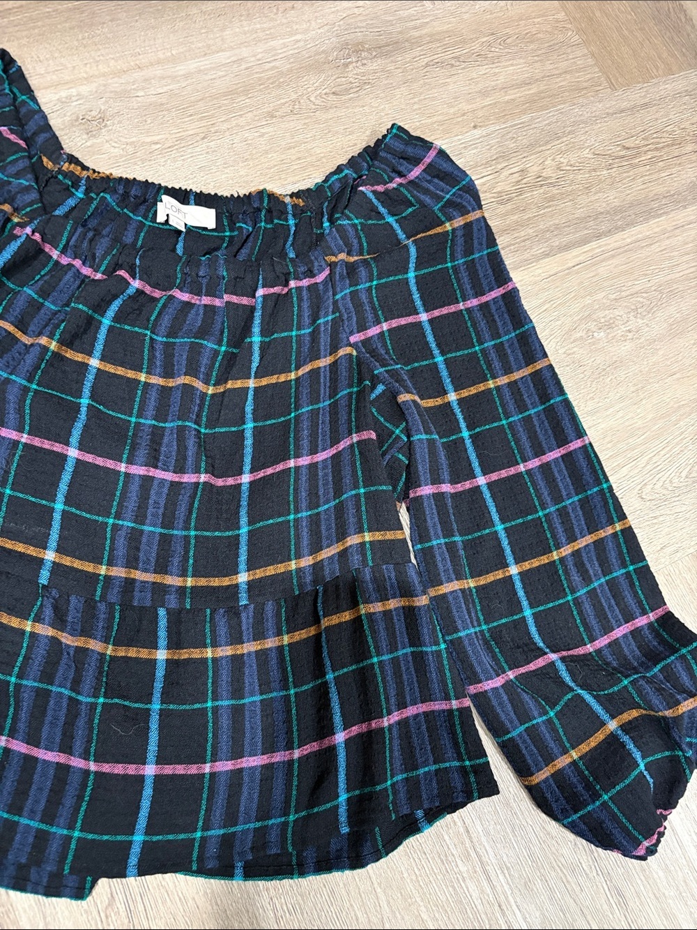 LOFT Black Navy Plaid Off Shoulder Peplum Long Sleeve Blouse Large - Picture 3 of 6